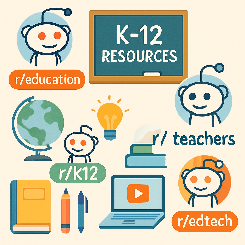An illustrative collage showing subreddit logos such as r/education, r/teachers, r/k12, and r/edtech, highlighting K12 resources. Collage of popular Reddit education subreddits like r/education and r/teachers.