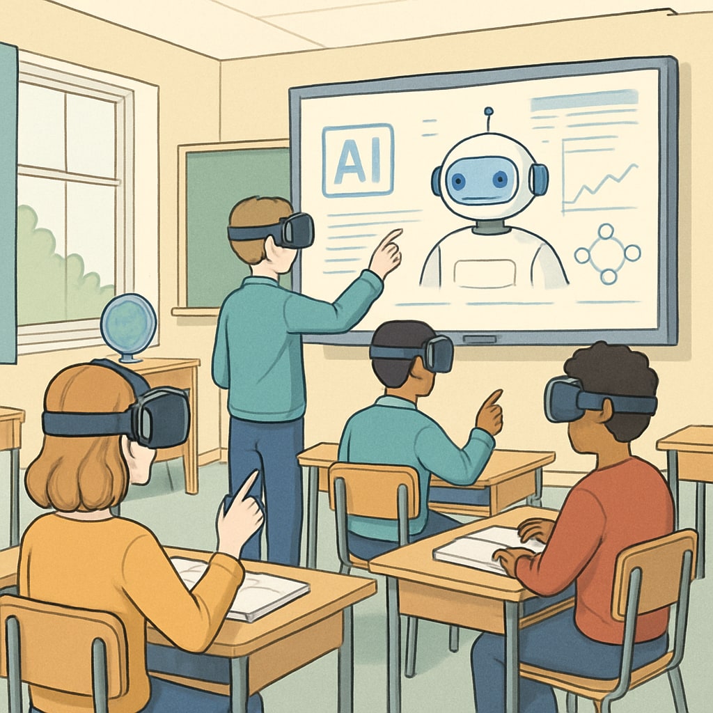 Students using virtual reality headsets in a classroom, guided by AI software. Students using AI-guided VR headsets in education.