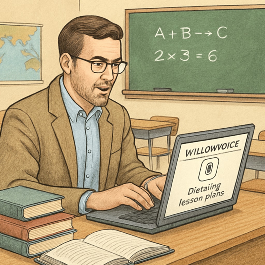 A teacher using WillowVoice software to dictate lesson plans on a laptop, showcasing its practical application in a classroom setting. Teacher using WillowVoice software for lesson planning in a classroom