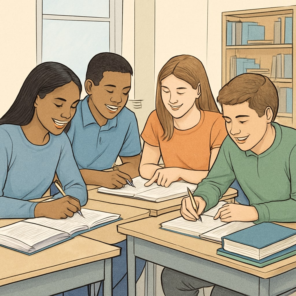 A group of K12 students working on assignments together in a classroom, emphasizing collaboration and shared learning. K12 students collaborating on assignments, promoting academic integrity.