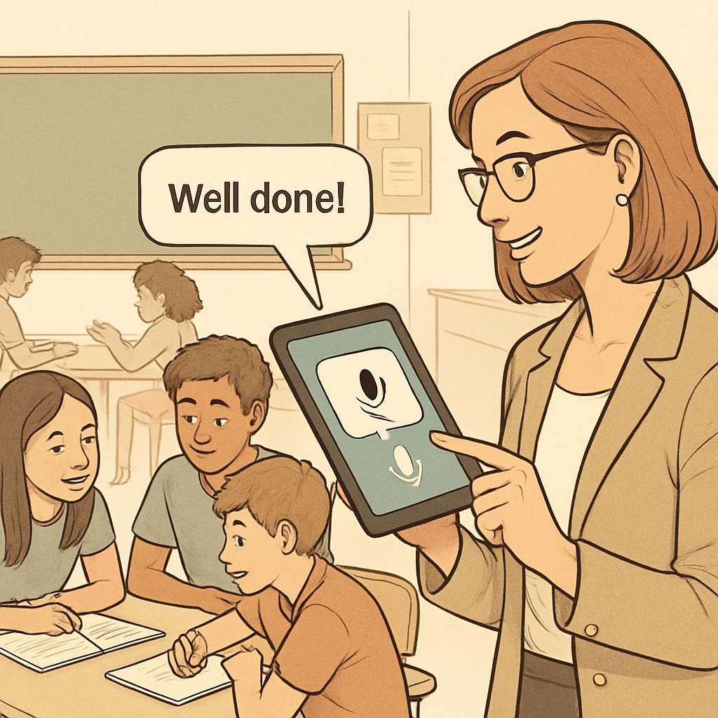 A classroom setting where a teacher uses a tablet with speech-to-text software to give instant feedback to students during a group activity. Classroom with teacher using speech-to-text software for student feedback