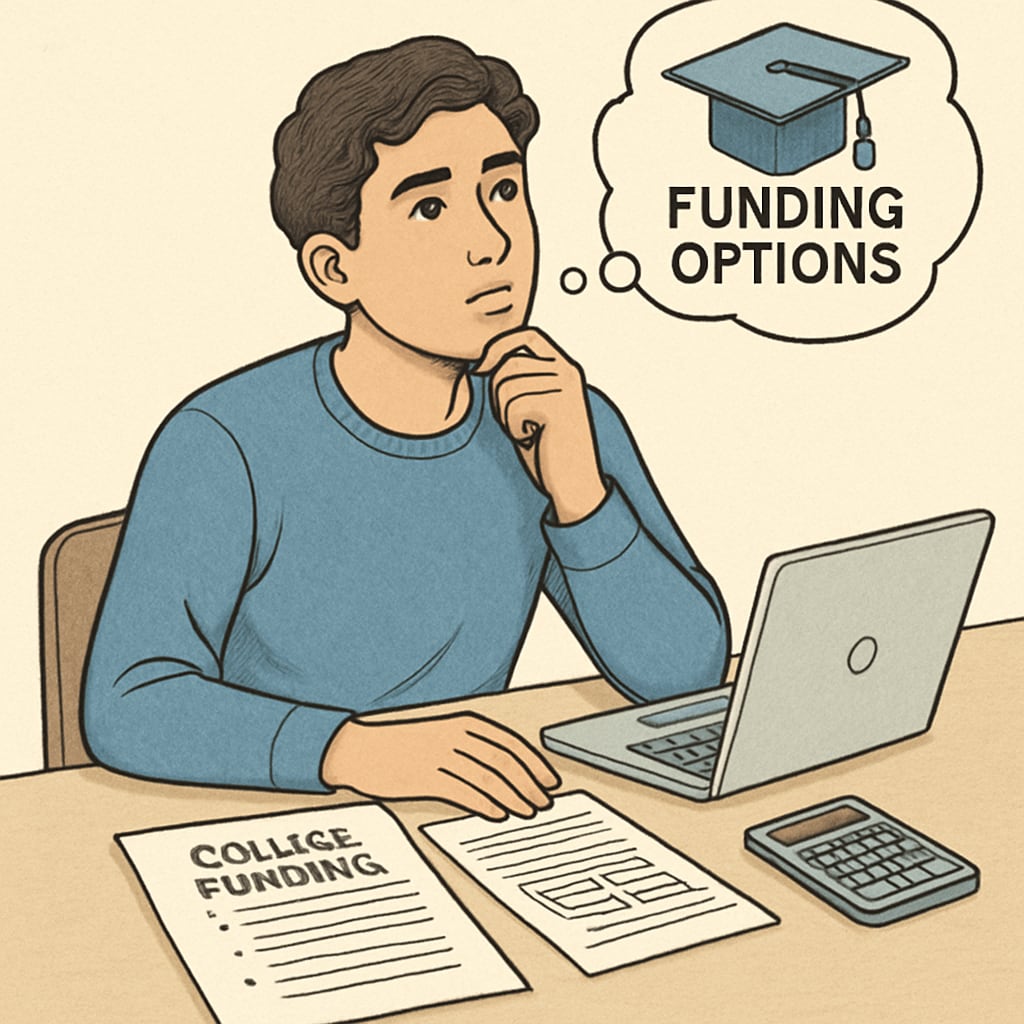 A student sitting at a desk with a laptop and financial documents, contemplating funding options for college. A student contemplating tuition funding options for college.