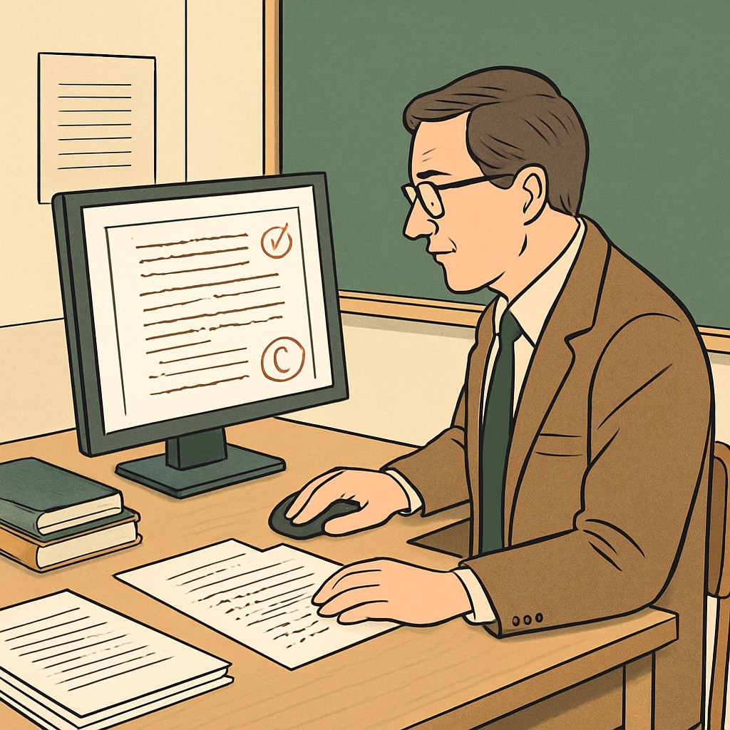A professor reviewing student work on a computer screen, symbolizing transparency in academic evaluations. Professor evaluating student work to ensure fairness in academic assessments.
