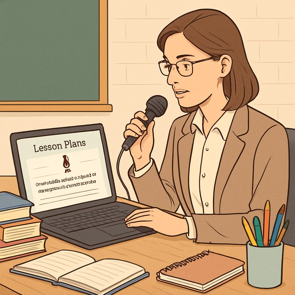 A teacher using a voice recognition tool to dictate lesson plans into a laptop. This image highlights how WillowVoice simplifies documentation and streamlines teacher workflows. Teacher dictating lesson plans using WillowVoice voice recognition tool