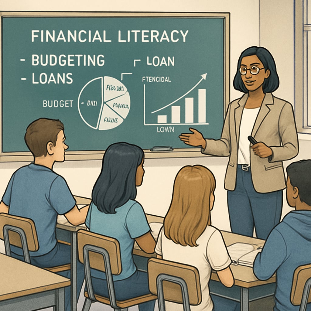 A high school classroom with a teacher presenting a financial literacy lesson on budgeting and loans to engaged students. High school students learning financial literacy to prepare for college costs.