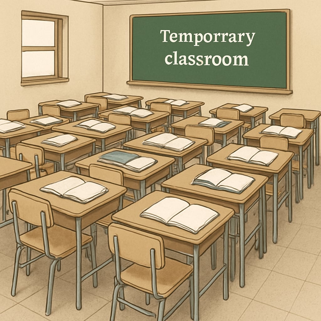 Temporary classroom setup showing reduced space and crowded desks, related to campus renovations