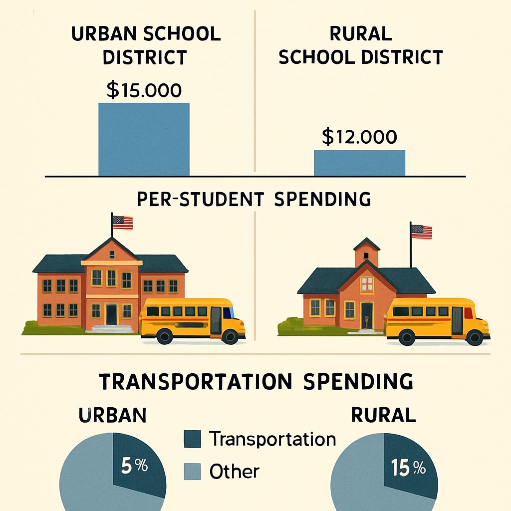 A detailed visual comparison of per-student spending across urban and rural school districts, highlighting disparities in transportation costs. Per-student spending comparison showing urban and rural transportation cost differences