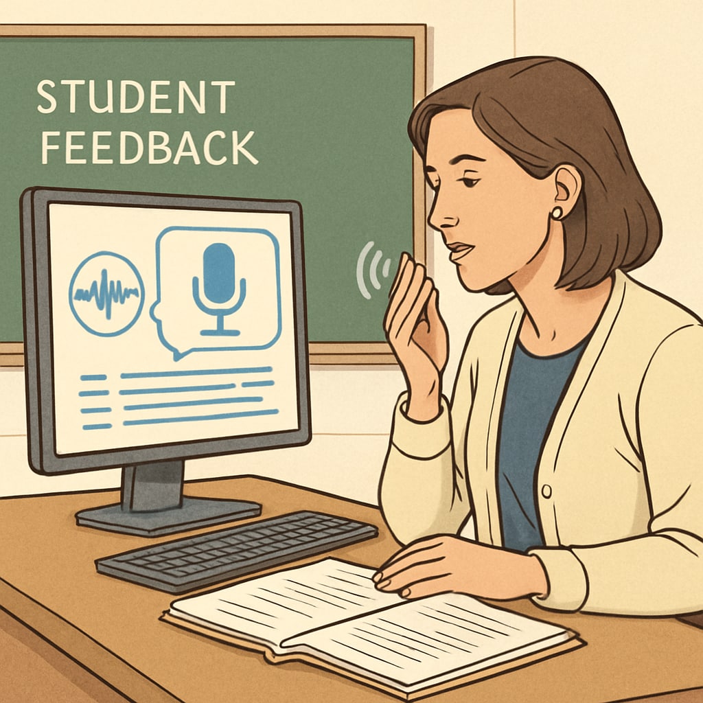 An educator recording verbal feedback for student assignments using voice recognition software. This image illustrates enhanced teacher-student communication through transcription technology. Educator providing feedback via WillowVoice for improved communication