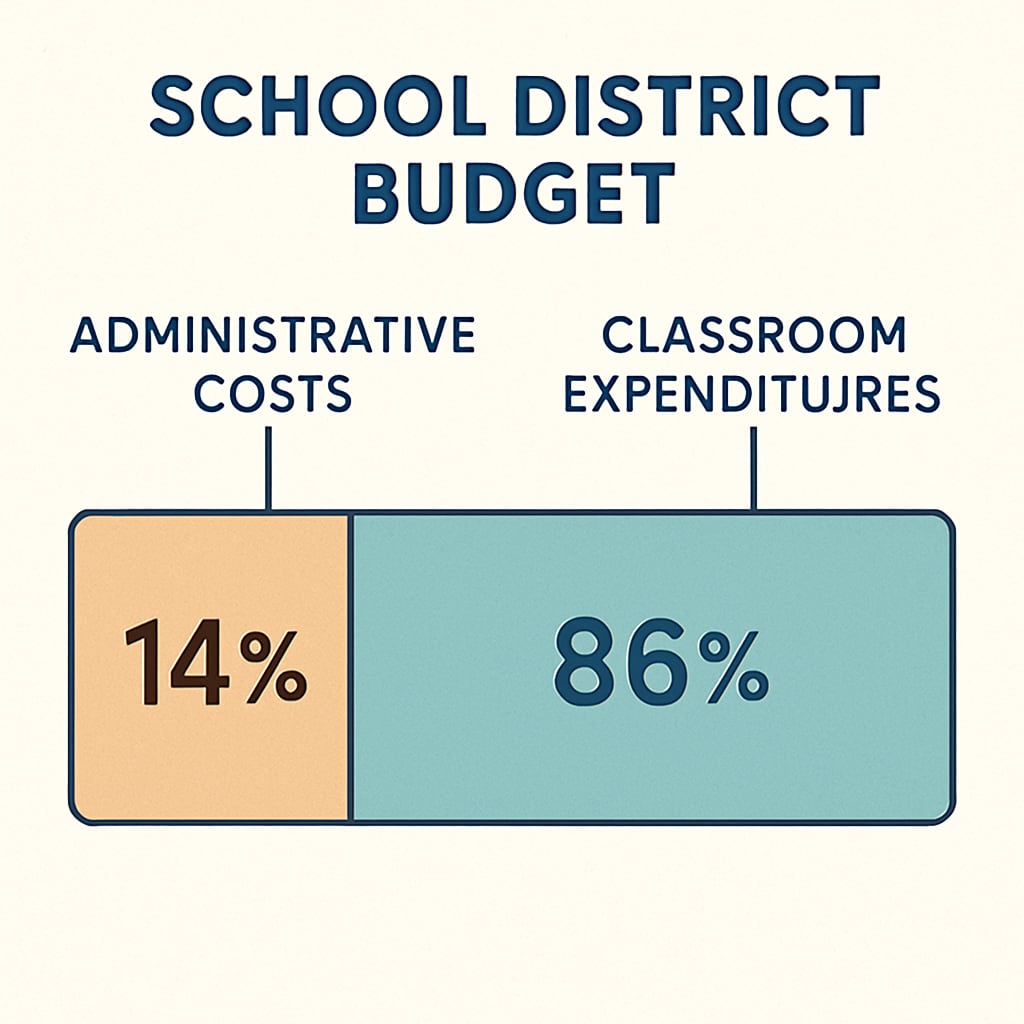 A chart illustrating the breakdown of school district budgets, emphasizing the proportion allocated to administrative costs versus classroom expenditures. Budget allocation chart highlighting administrative versus classroom spending