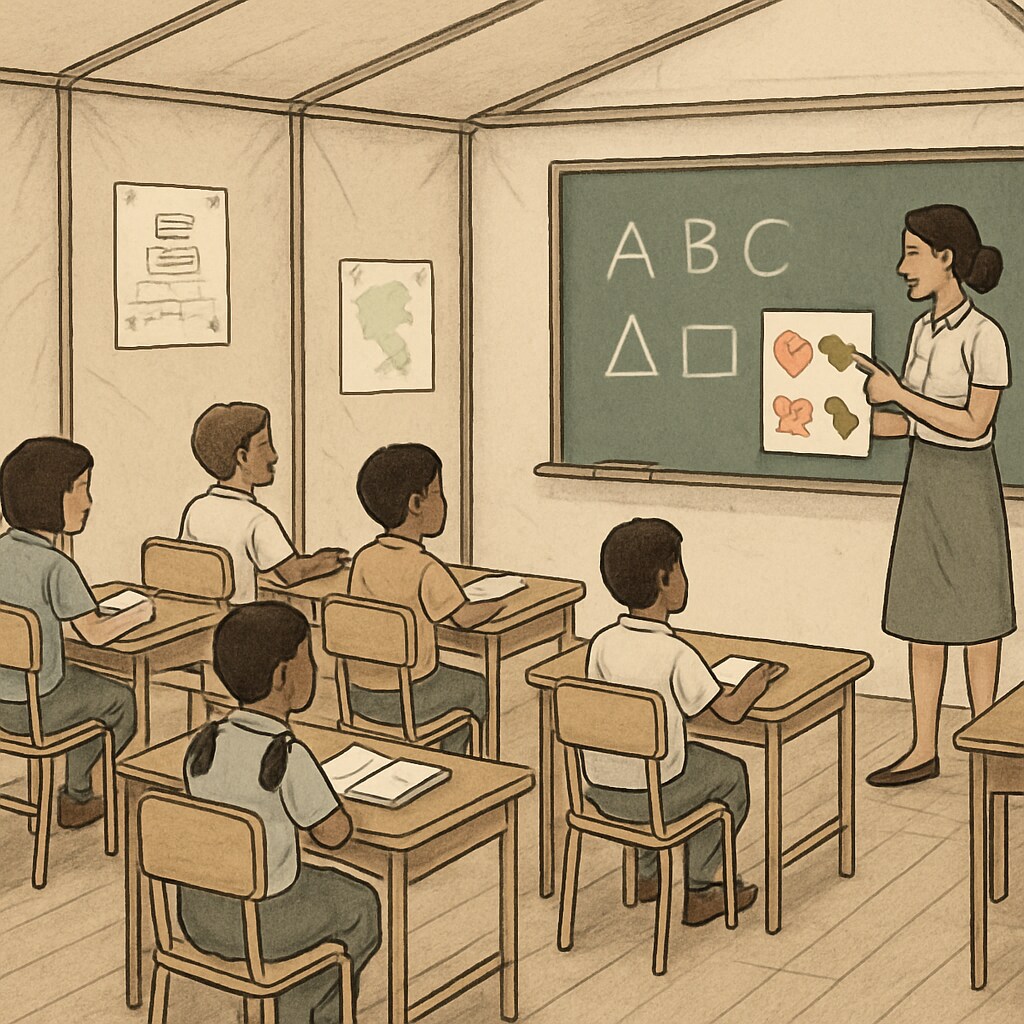 Students in a temporary classroom with limited resources, focusing on adaptive teaching during campus renovations