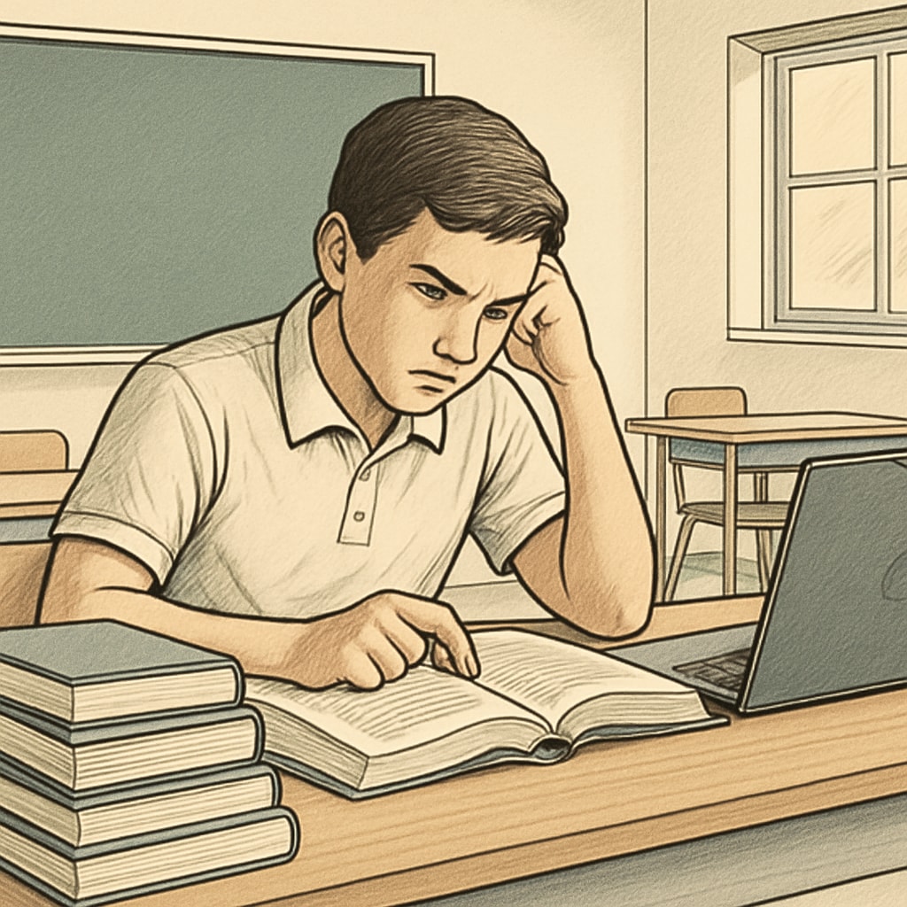 A determined student studying, representing the pursuit of a medical dream despite learning challenges.