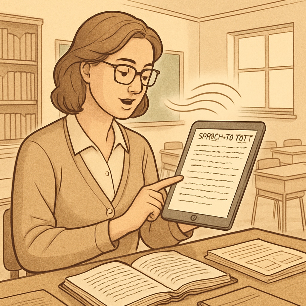 A teacher using speech-to-text software on a tablet while reviewing student work. Teacher utilizing speech-to-text software to improve education feedback and efficiency.