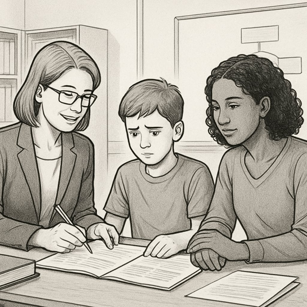 Teacher, parent, and student working together to overcome educational challenges.
