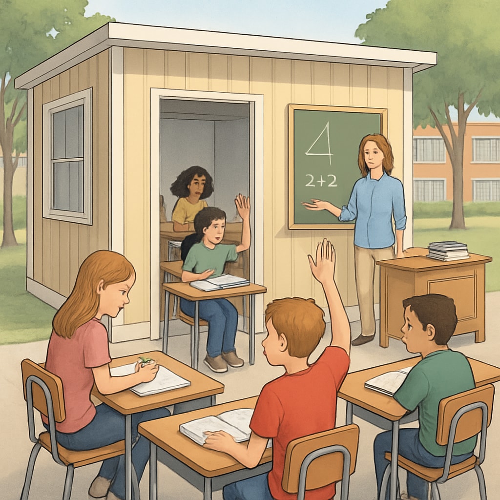A temporary classroom setup on a high school campus, showcasing young students adapting to the new environment. Temporary classroom setup with primary students adjusting to the environment.