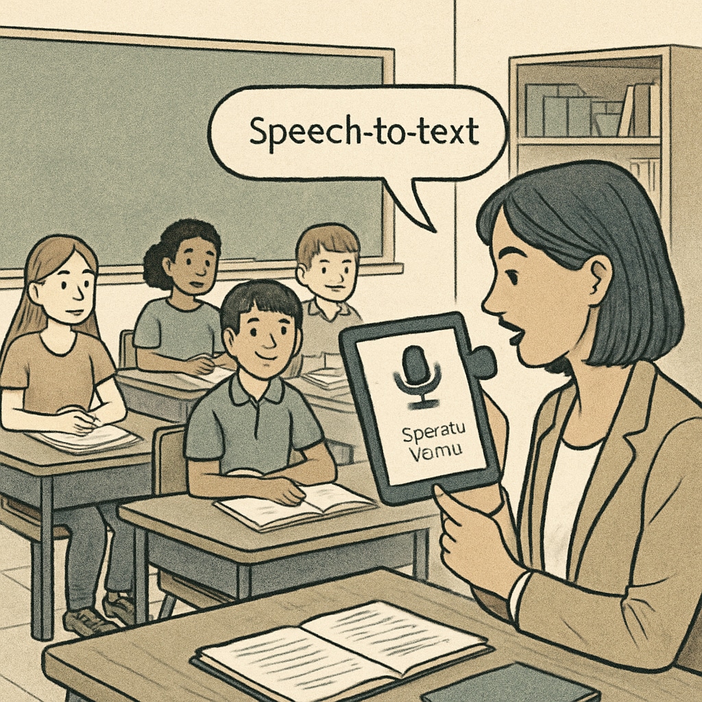 A classroom setting where a teacher is using a digital device with speech-to-text capability to record student feedback. Teacher employing speech-to-text tools during a classroom activity for better teaching efficiency.