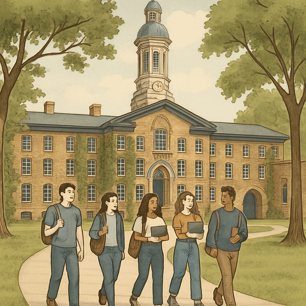 A group of students walking on Princeton's historic campus, symbolizing Ivy League culture. Princeton campus with students, representing Ivy League education.