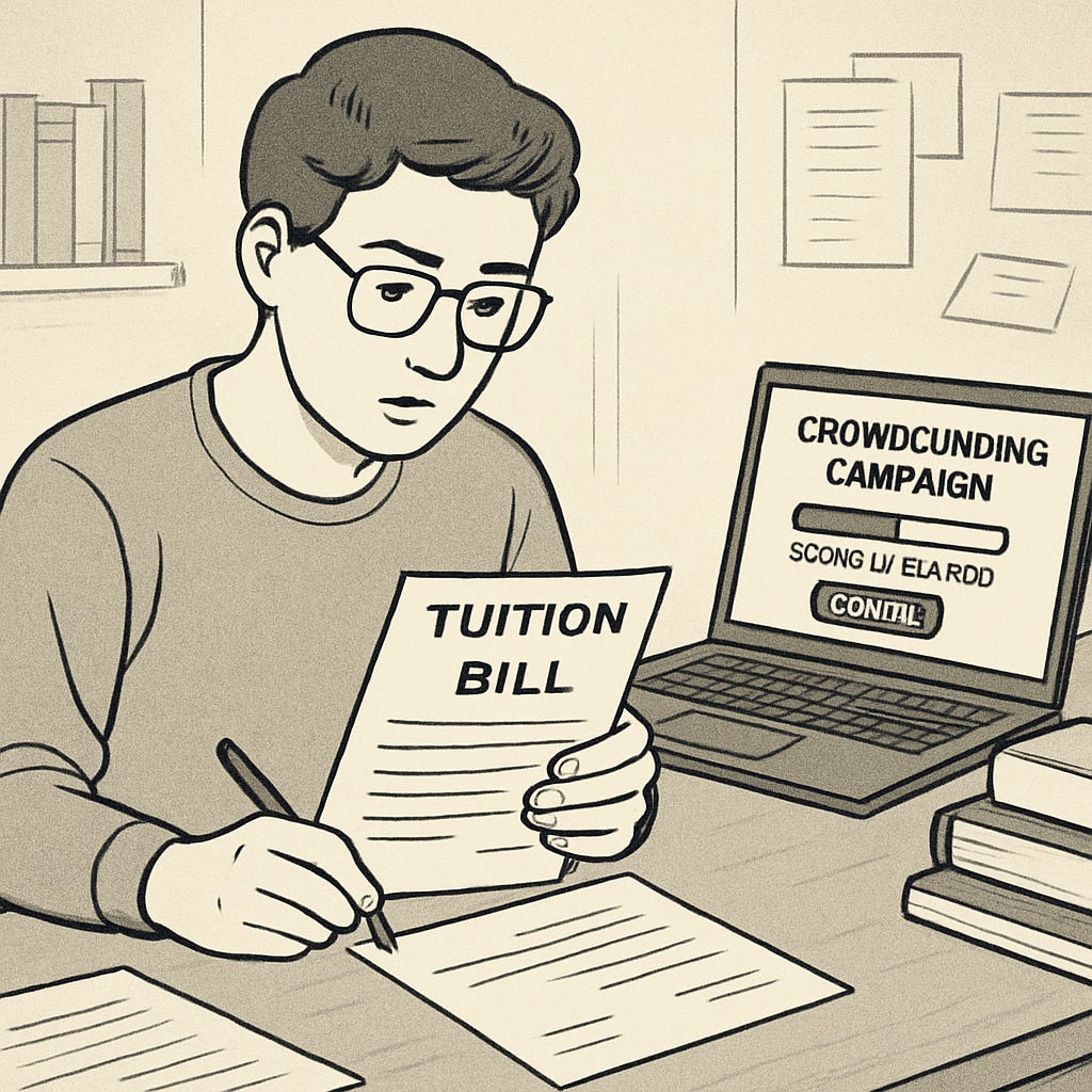 A college student reviewing their tuition bill, with a crowdfunding campaign open on their laptop. Student reviewing tuition fees and crowdfunding campaign for financial help.