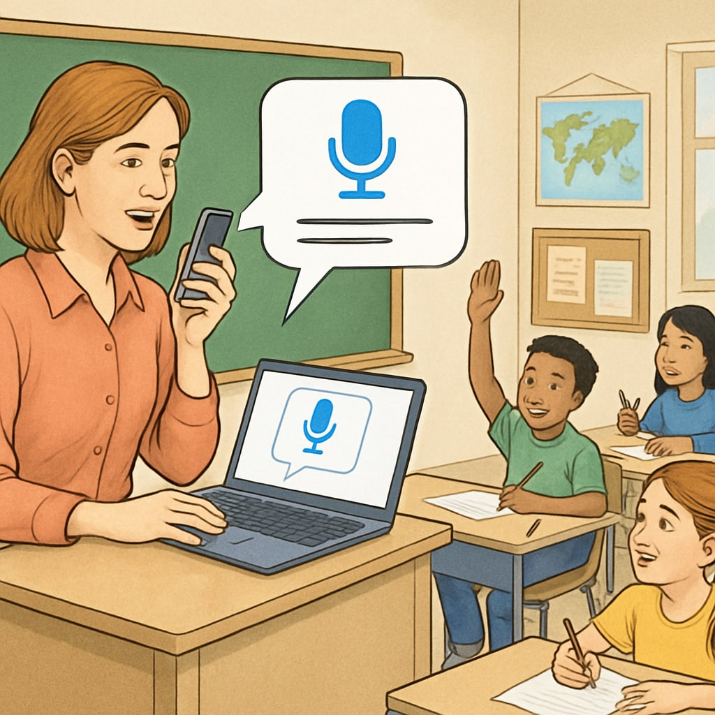 A teacher using a voice-to-text tool in a classroom setting, with students actively participating in their learning experience. Teacher using voice-to-text tool to enhance teaching efficiency in a classroom.