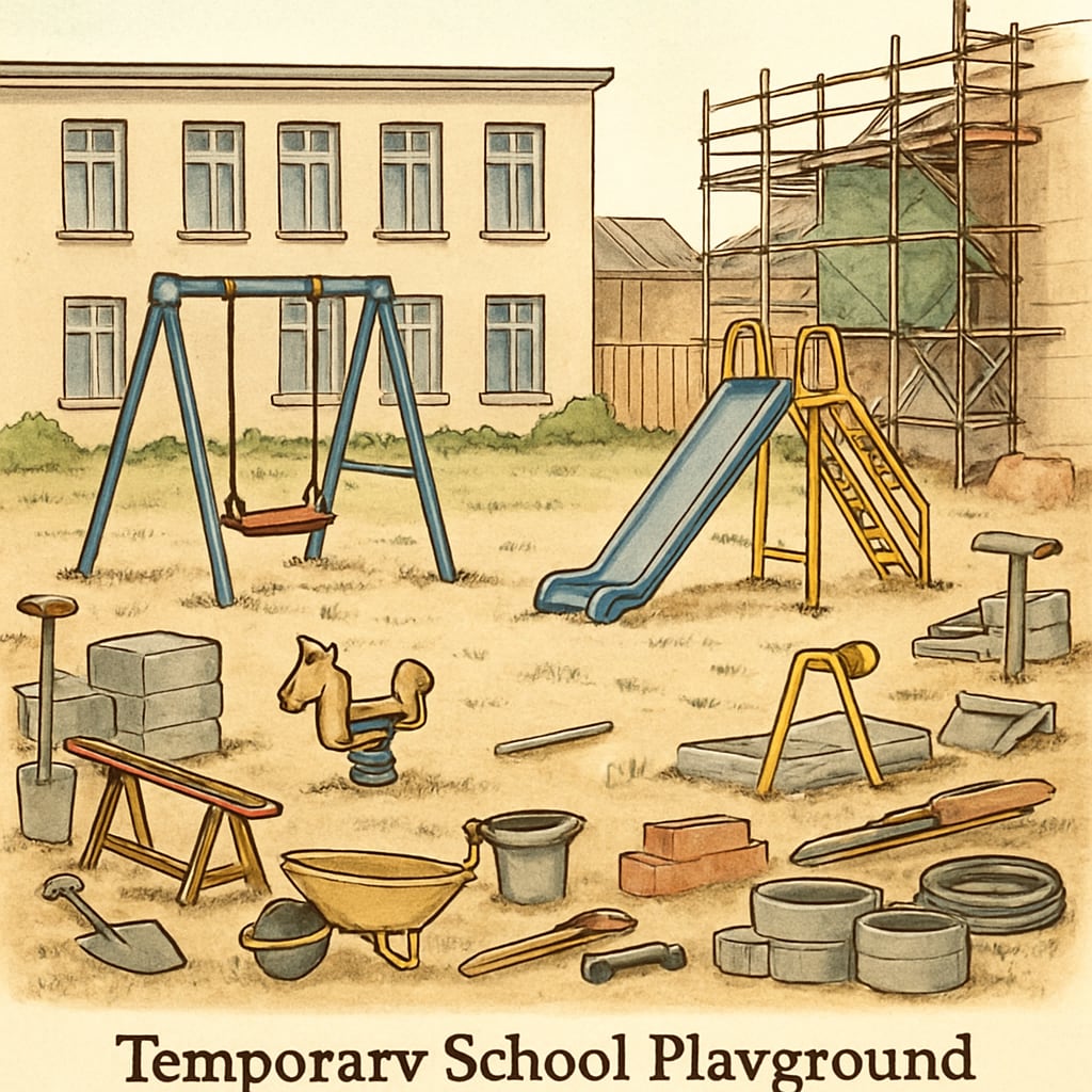 A temporary school playground with limited equipment, surrounded by construction materials. The image reflects challenges faced during school reconstruction. Temporary school playground during reconstruction, showing limited facilities.