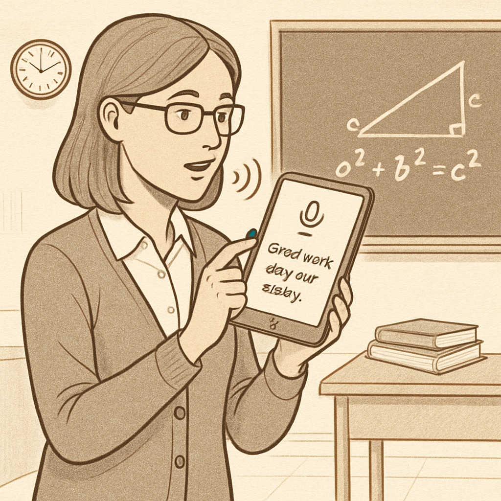 A teacher using a tablet or smartphone to dictate feedback, with WillowVoice converting speech into text on the screen. Voice-to-text technology aiding teachers in providing rapid feedback.