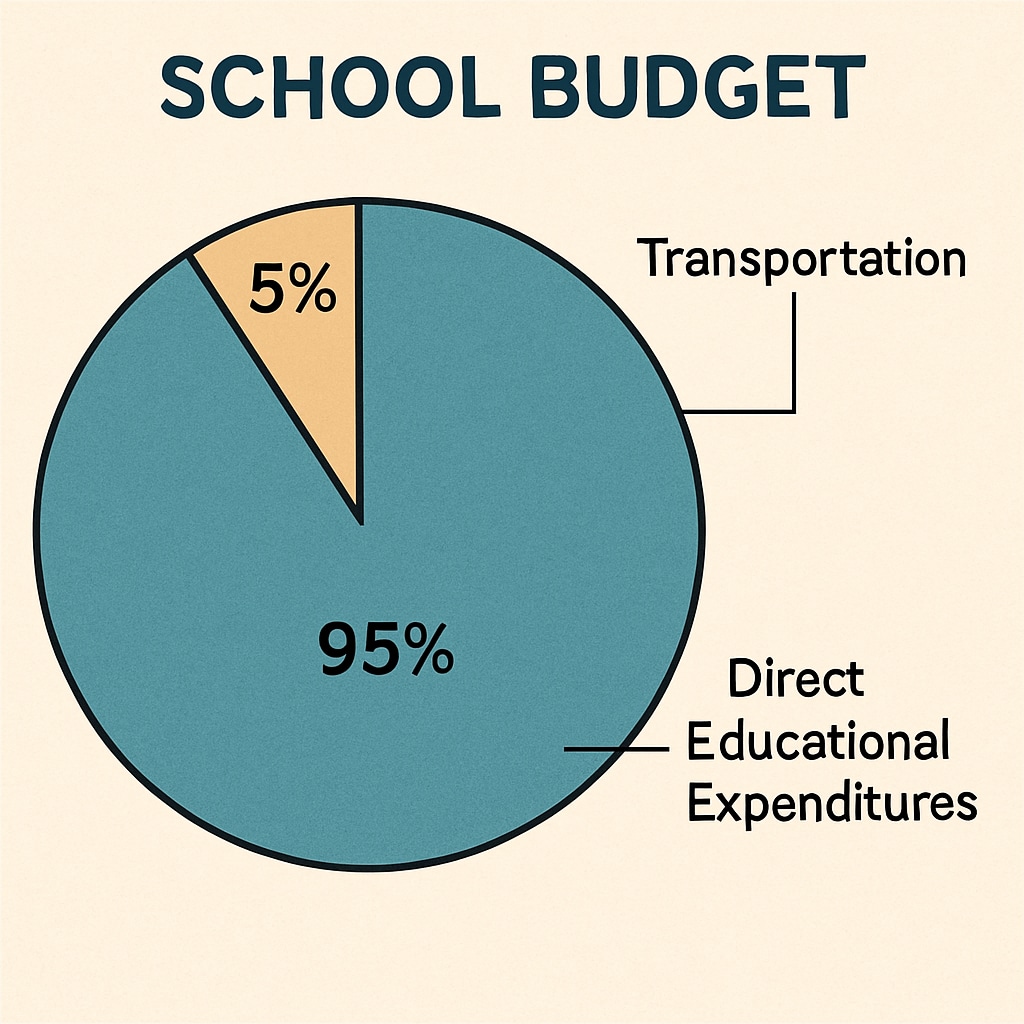 A graph illustrating the breakdown of school budgets, showing the proportion of funds allocated to transportation versus direct educational expenditures. Graph showing how pass-through funds inflate school per-student spending.