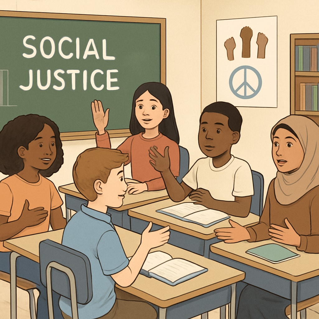 A classroom setting where students are engaged in a discussion about social justice topics. Students discussing wokeness-related topics in a school environment.