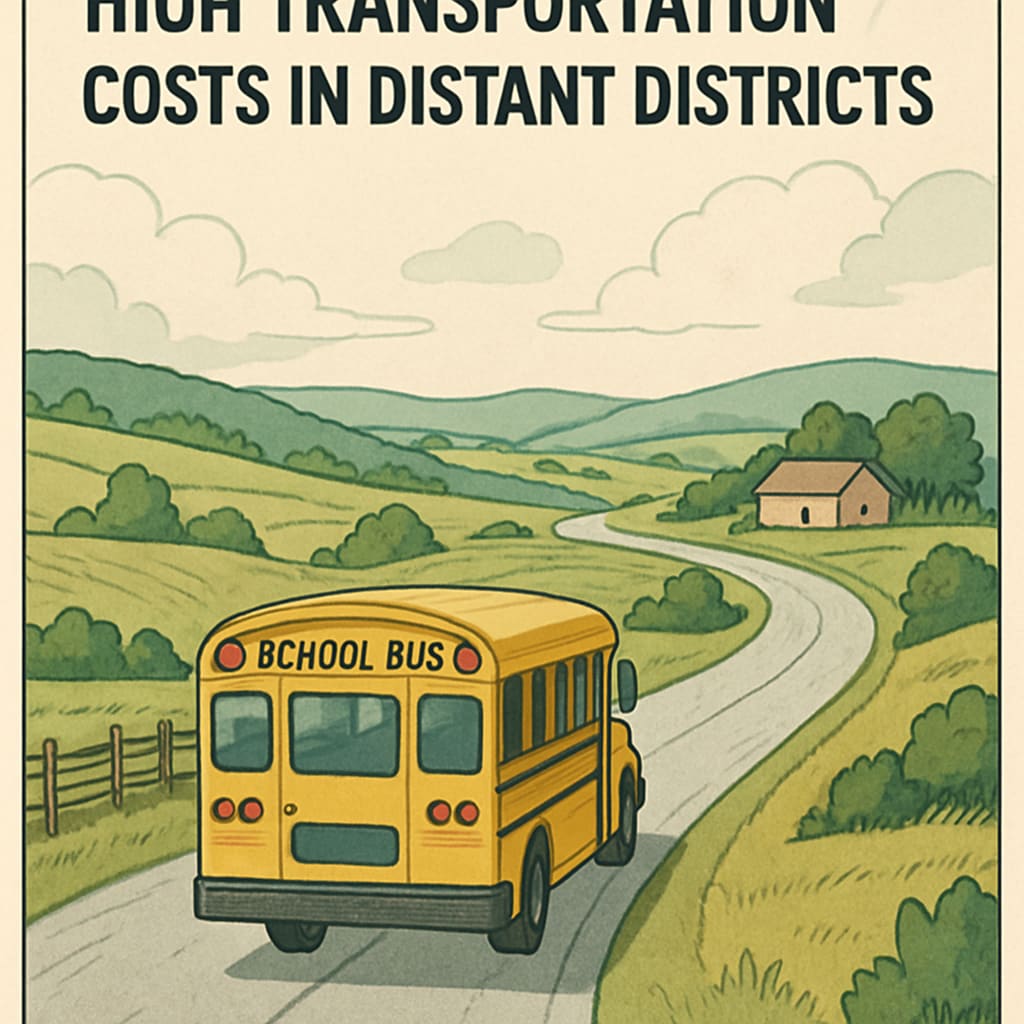 A rural school bus navigating a long road, symbolizing high transportation costs in remote districts. Image of a school bus on a rural road, highlighting transportation costs in school budgets.