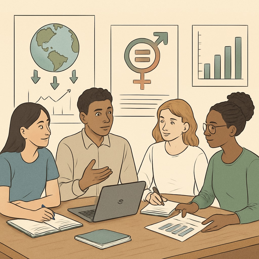 Students working collaboratively on a project focused on societal issues like climate change or gender equality. K12 students collaborating on social justice-themed projects in class.