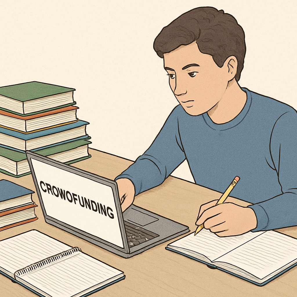 A young college student writing a crowdfunding campaign on their laptop, surrounded by textbooks. College student crowdfunding for tuition with textbooks and laptop.