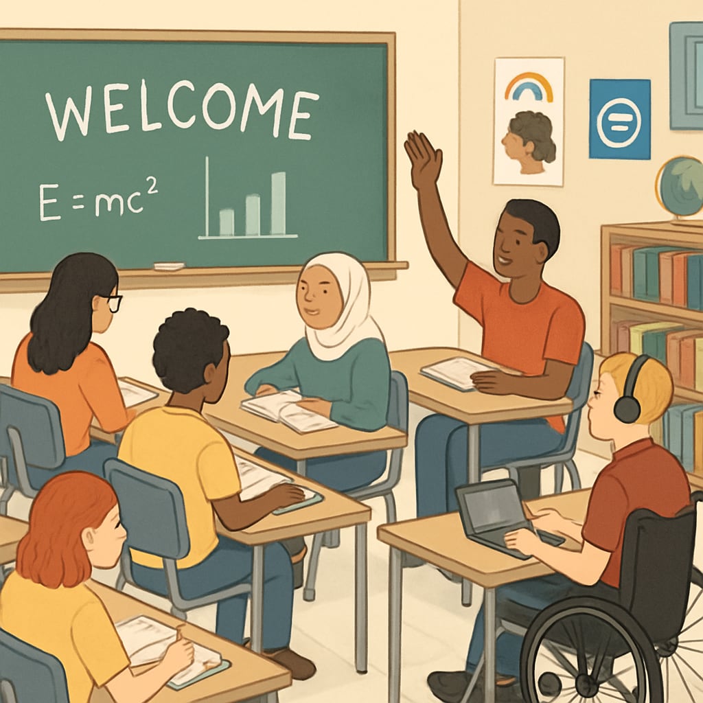 A classroom setting in a public university, representing diversity and accessibility in education. Public university classroom showing diversity and inclusive education.
