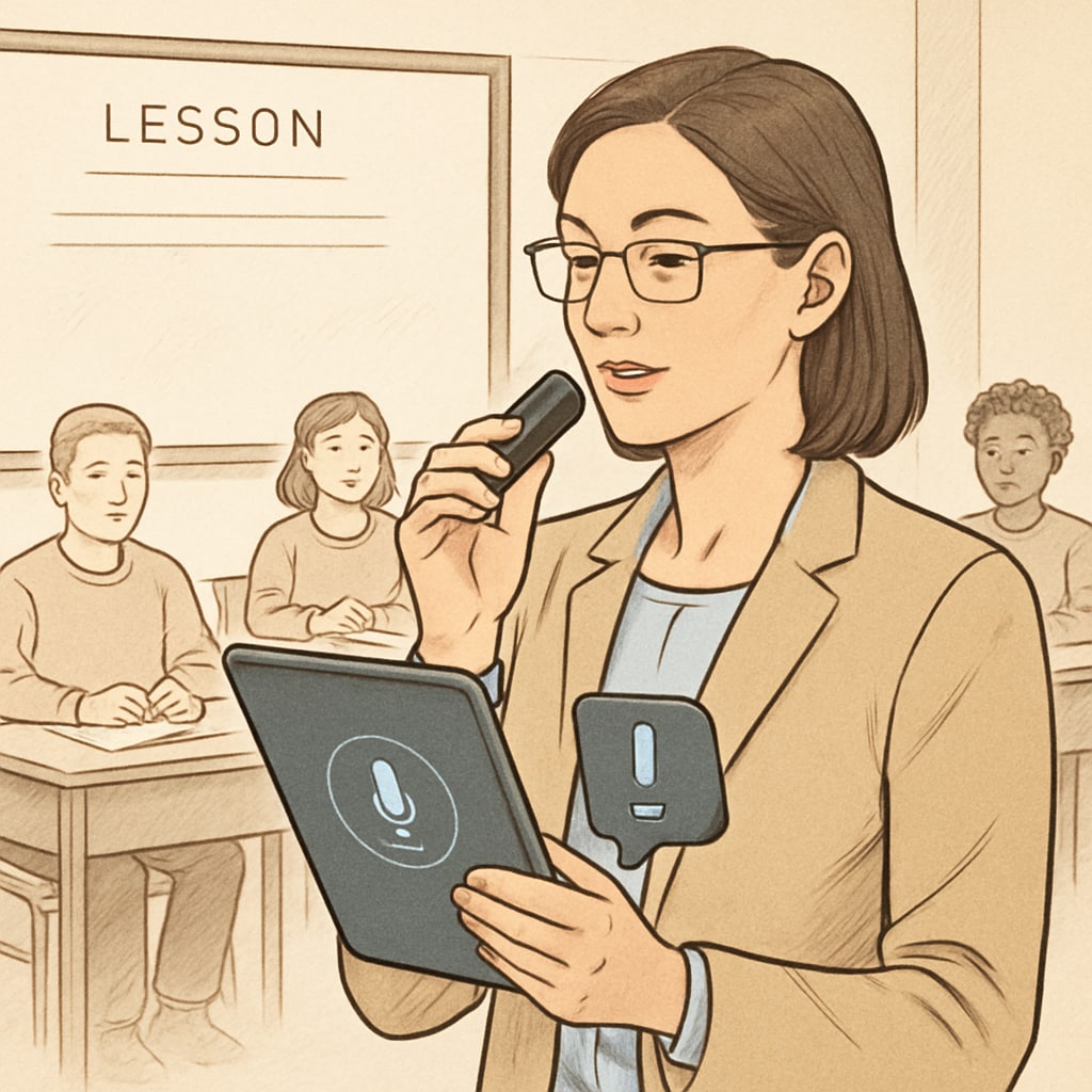 A teacher using a voice recognition tool like WillowVoice to dictate notes into a tablet during a lesson. Teacher using voice recognition for lesson notes to improve work efficiency.