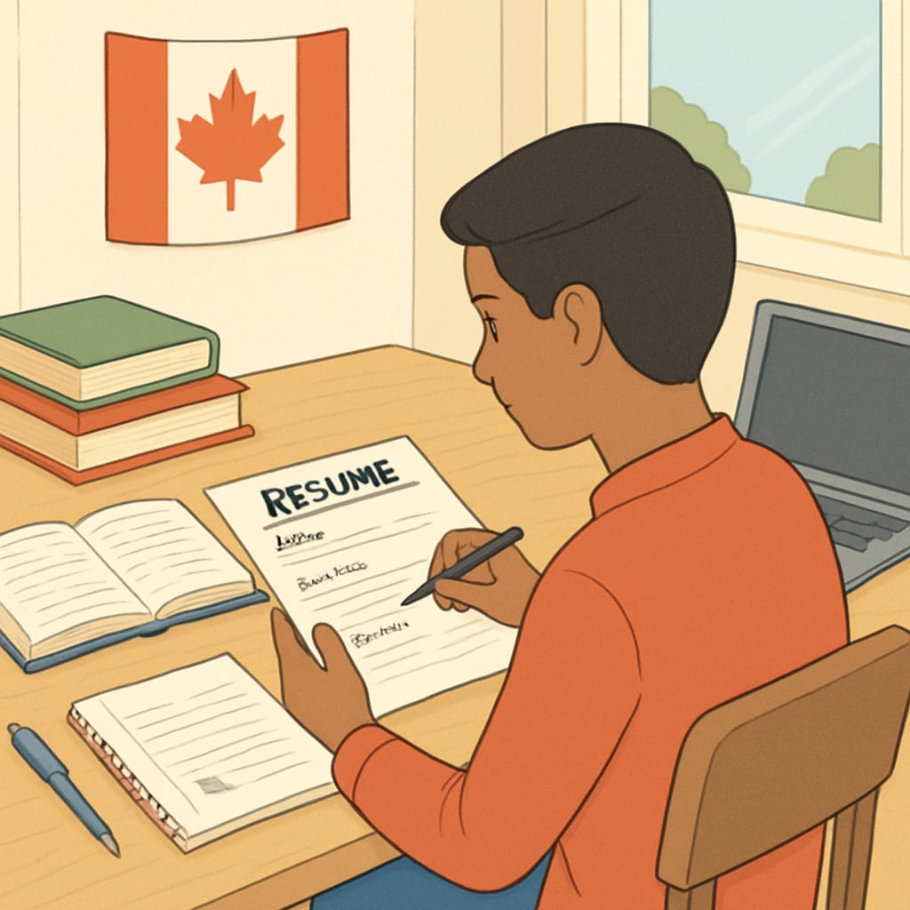 A student in Canada working on a resume at a desk, with study materials and a laptop. The setting includes a bright, organized workspace typical for academic preparation. Canadian student preparing a resume with study materials and laptop.