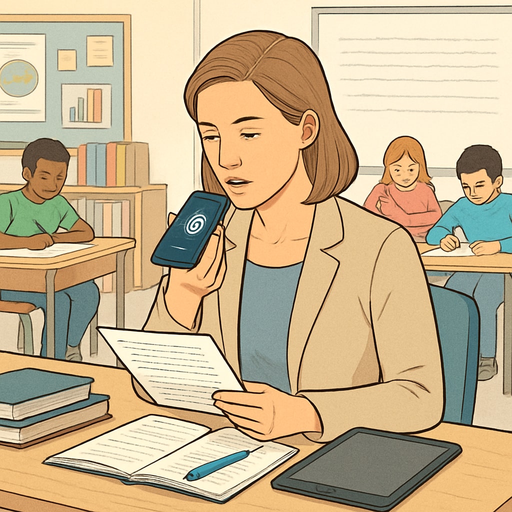 A teacher providing verbal feedback on a student's assignment using a voice recognition app, while students work in the background. Teacher using voice recognition to provide feedback in a classroom setting.
