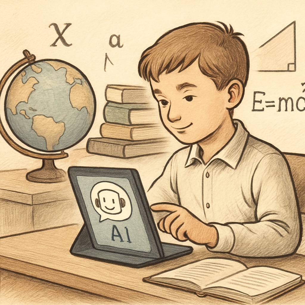 A young student using an AI-powered learning platform on a tablet, illustrating personalized education. A student engaging with AI in personalized education.
