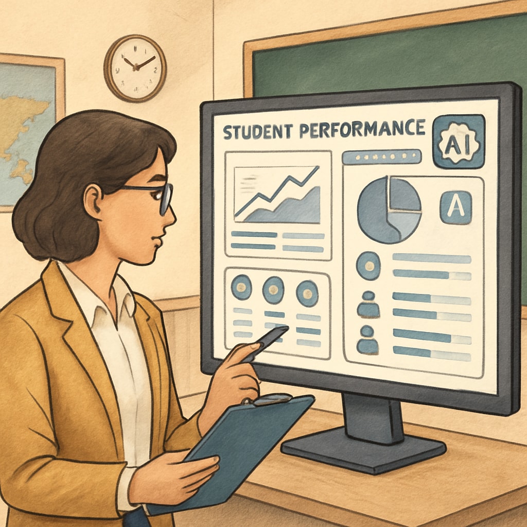A teacher using an AI-powered dashboard to analyze student performance data, symbolizing the evolving role of educators. A teacher leveraging AI to enhance student learning.