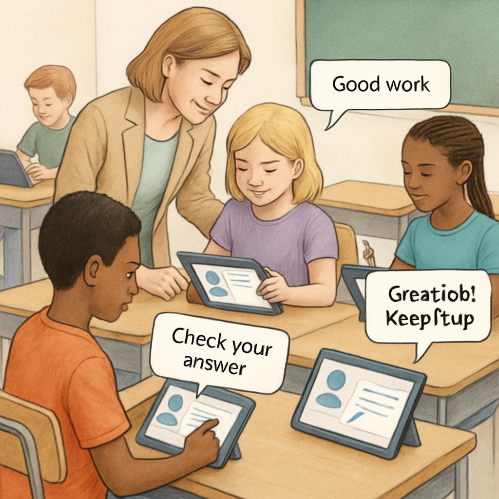 Students receiving feedback through WillowVoice-powered tablets in a classroom.