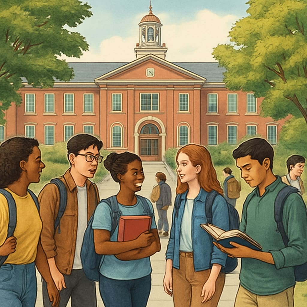 Students walking on a university campus, symbolizing academic diversity and opportunity.
