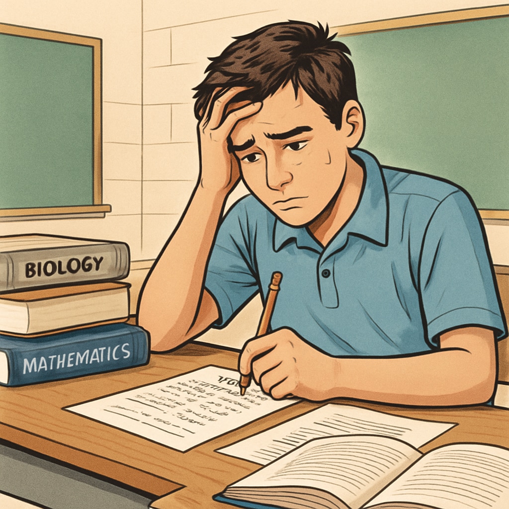 A high school student stressed over a standardized test, symbolizing the pressure of competitive exams. Student stressed during a competitive exam in the AI era.