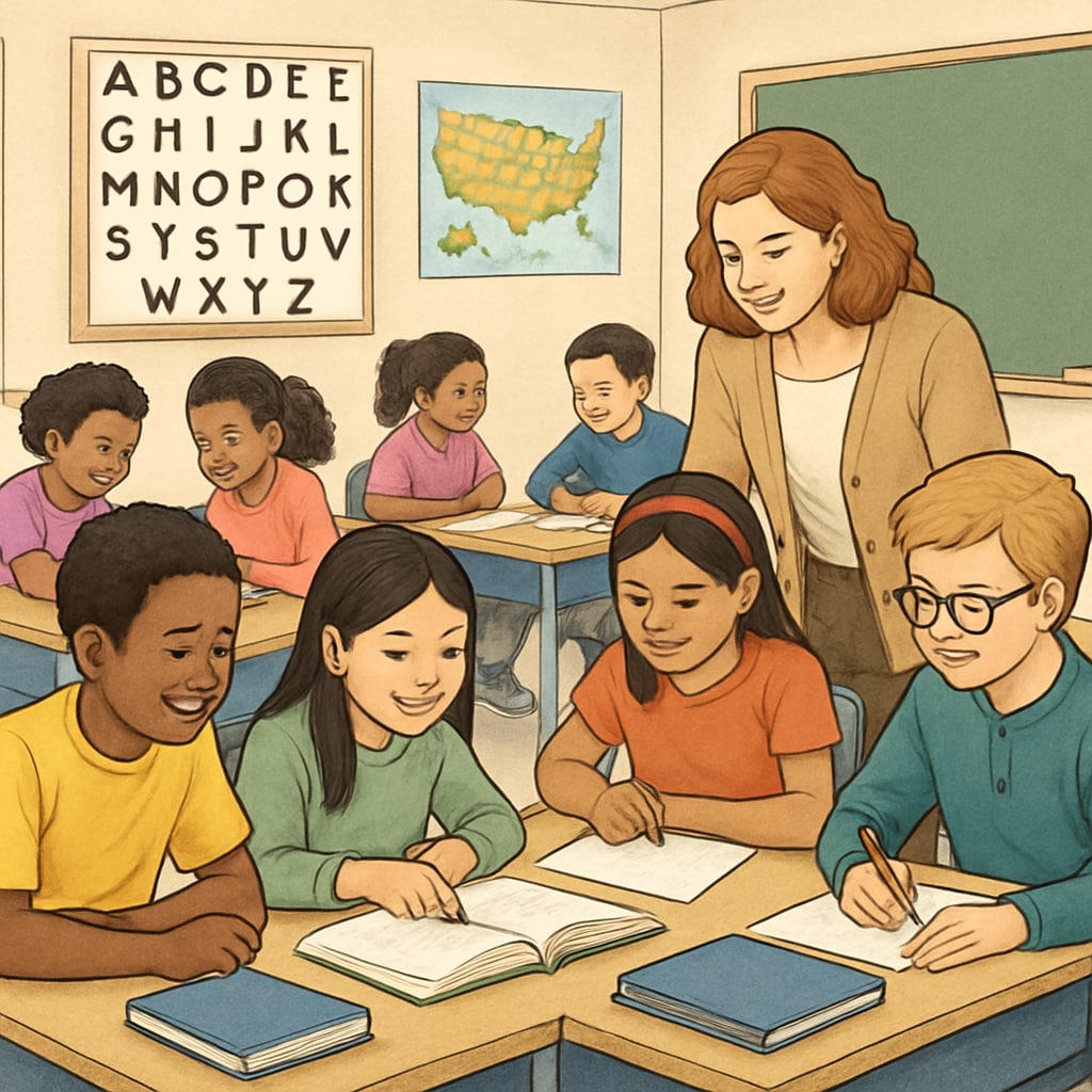 A diverse classroom in the United States, showcasing inclusivity and group learning activities. American classroom with diverse students engaging in group learning activities.