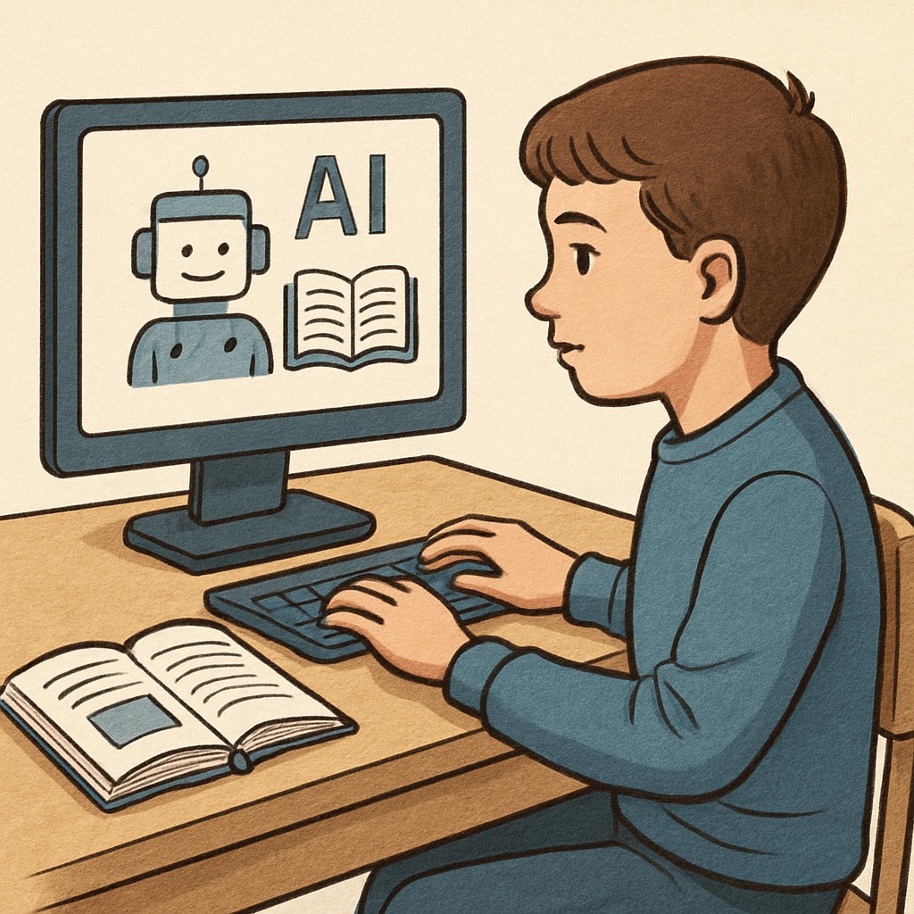 A student looking at a computer screen, symbolizing AI-assisted learning in education. A student learning with the help of AI tools, representing talent selection in the AI era.