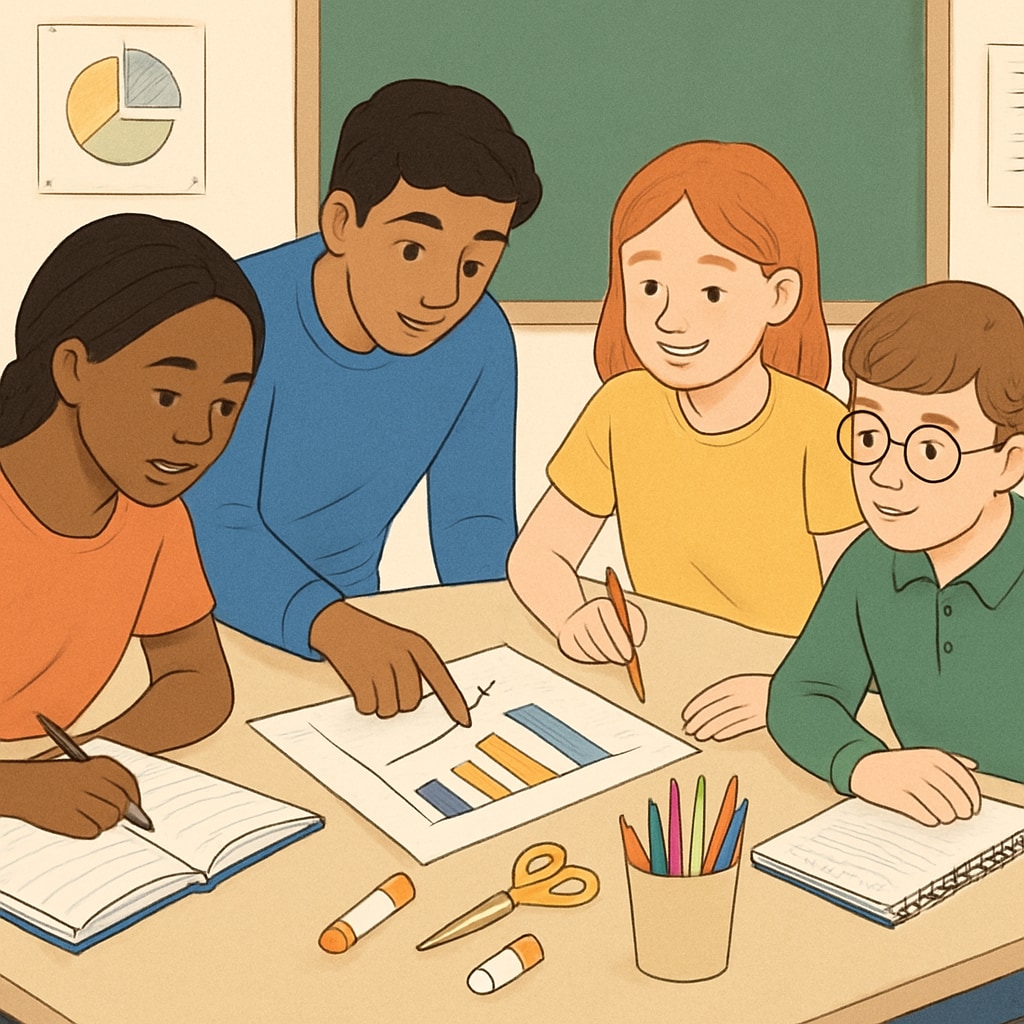 A group of diverse students working on a collaborative project, representing project-based learning. Students collaborating on a project as an alternative to standardized exams.