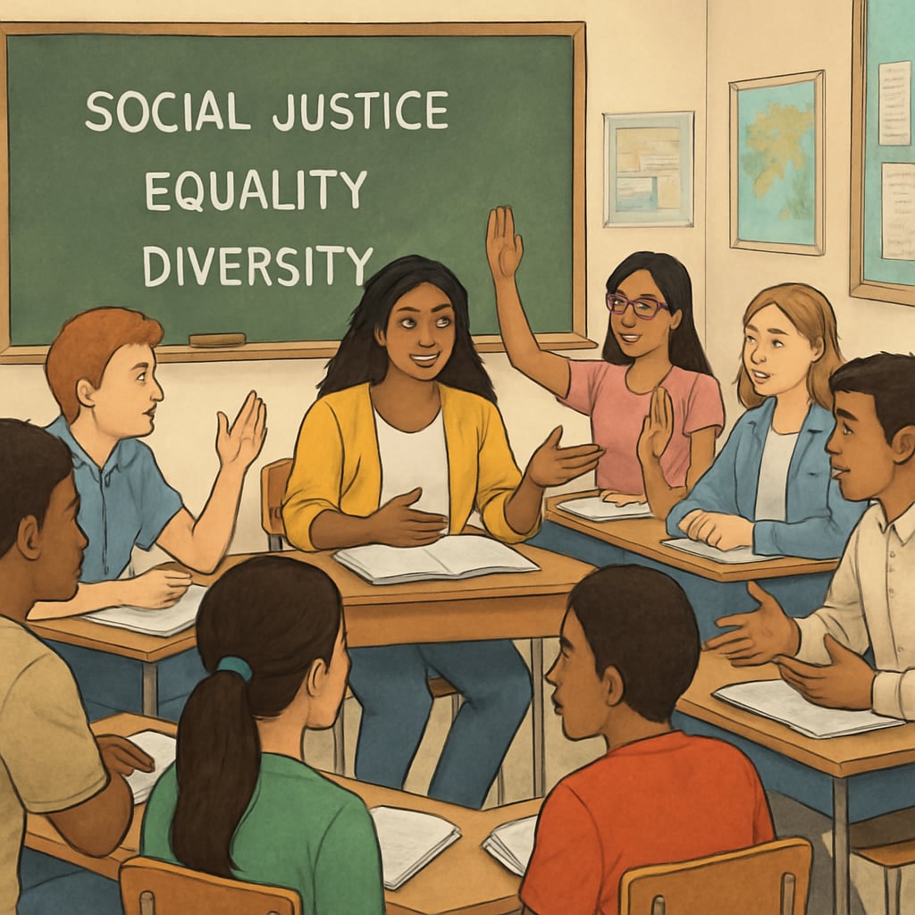 A classroom setting with diverse students engaging in a discussion about social justice topics, symbolizing wokeness in education. Diverse students discussing social justice topics in a classroom setting, symbolizing wokeness in schools.