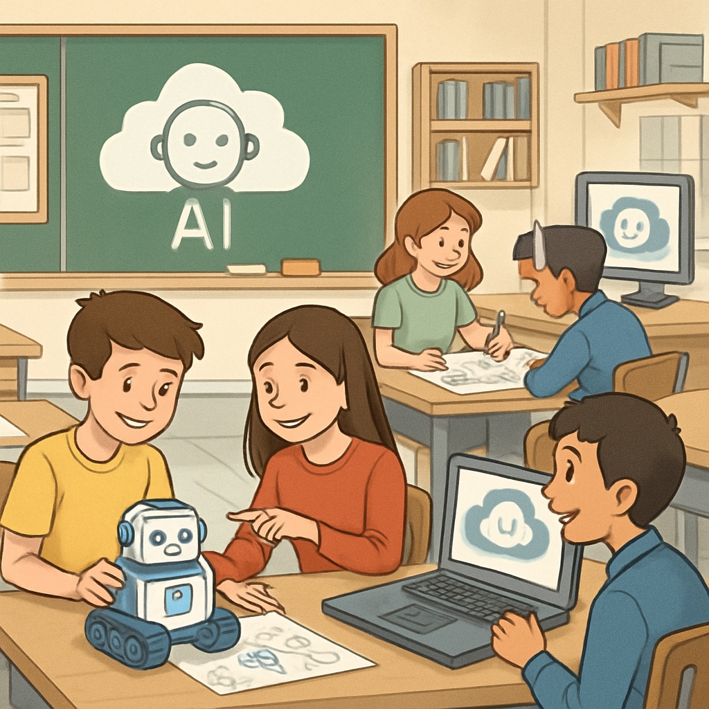 A classroom where students are engaged in project-based learning supported by AI tools. Students collaborating on a project with AI integration, reflecting K12 education reform.