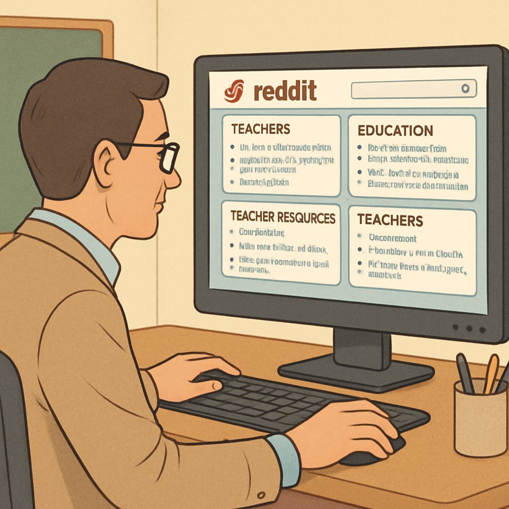 A teacher browsing educational resources on Reddit with a computer screen showcasing multiple subreddits.
