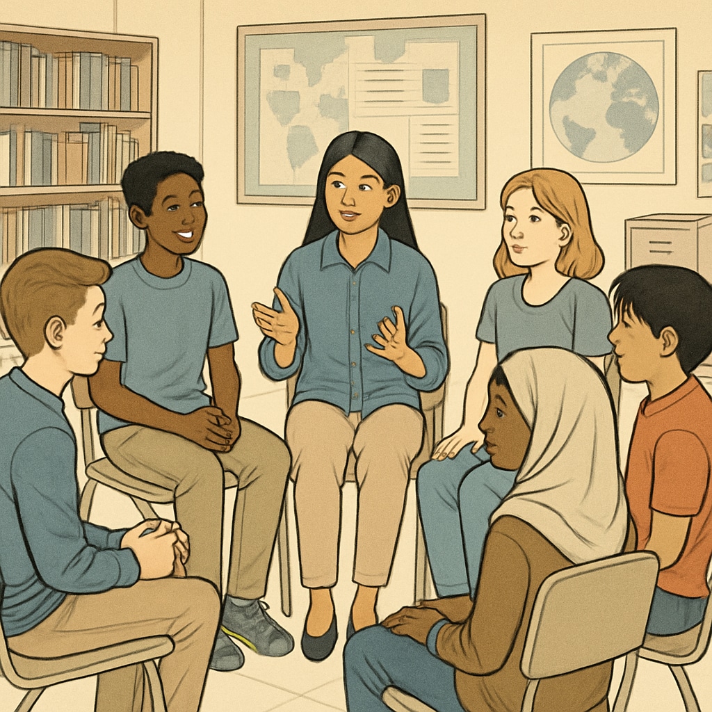 Students participating in a workshop or discussion circle, highlighting inclusivity and cultural awareness in schools. Students in a workshop discussing inclusivity and cultural awareness in schools.