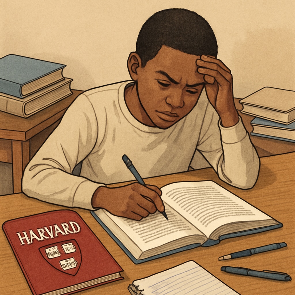 A student reviewing their coursework with a Harvard admissions brochure beside them, symbolizing preparation and determination. Student reviewing coursework for Harvard admissions.