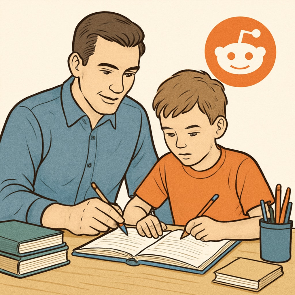 A parent and child working together on homework, with Reddit’s logo subtly incorporated in the background.