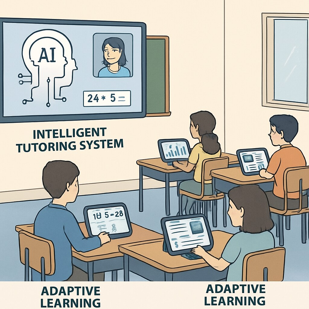 A classroom equipped with AI-powered tools, such as intelligent tutoring systems and adaptive learning platforms. AI transforming school education through personalized learning tools.