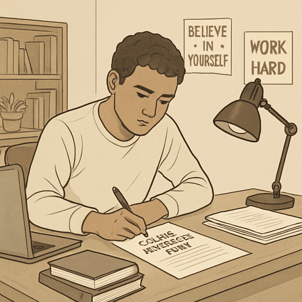A student working on their college application essay with focused determination, showcasing resilience and dedication to academic improvement. Student writing college application essay with determination.