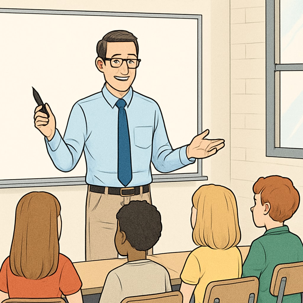 A professional teacher standing in front of a whiteboard, engaging with students in a modern classroom setting. Teacher in Canada teaching a class, highlighting key resume tips